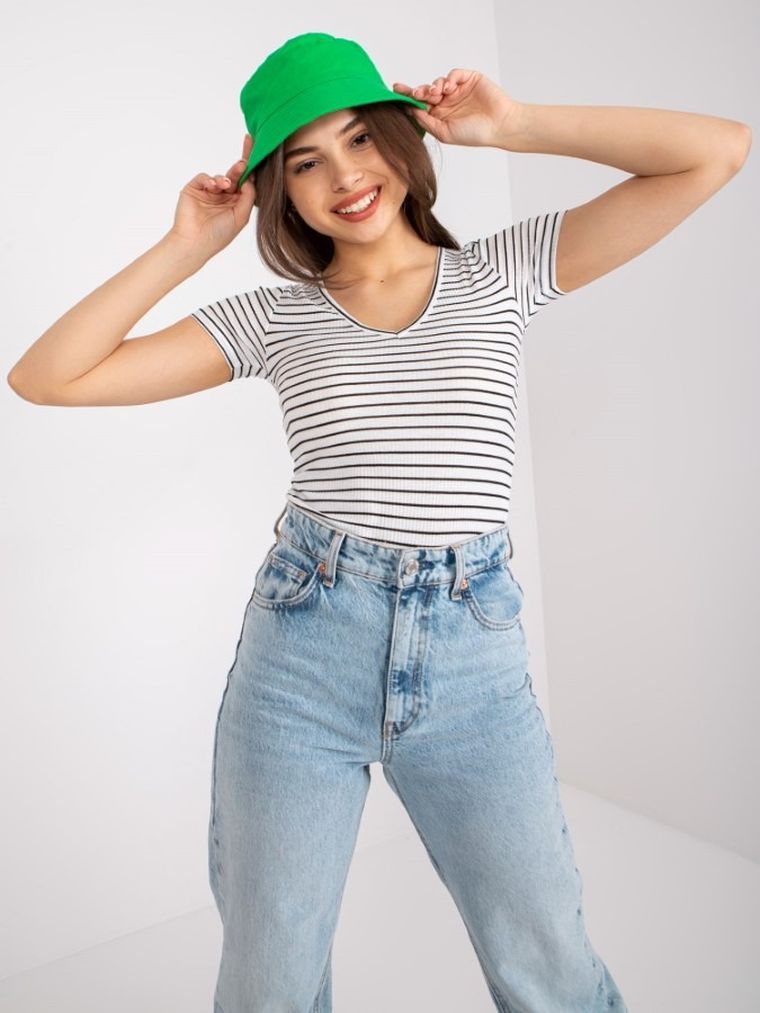 Bluzka damska z krótkim rękawem, prążkowana, biała, Och Bella