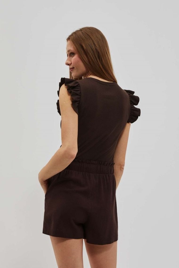 Bluzka damska z krótkim rękawem, prążkowana, brązowa, Moodo