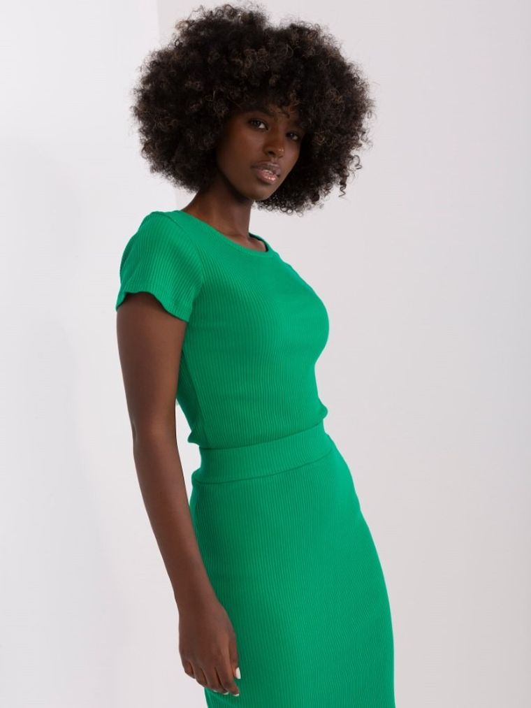 Bluzka damska z krótkim rękawem, prążkowana, zielona, Relevance