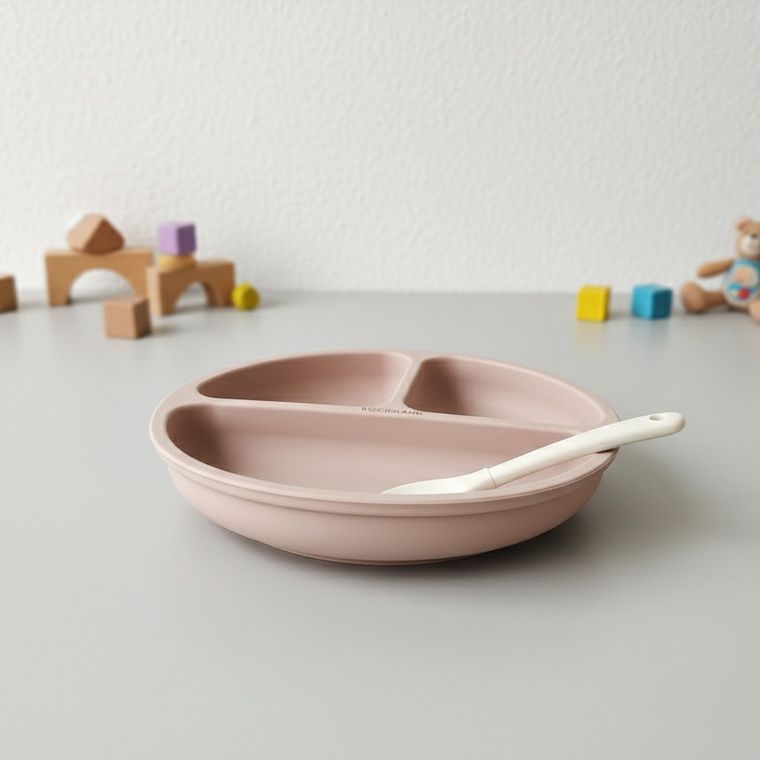 Bocioland, silikonowy talerzyk z przyssawkami i przegródkami, różowy