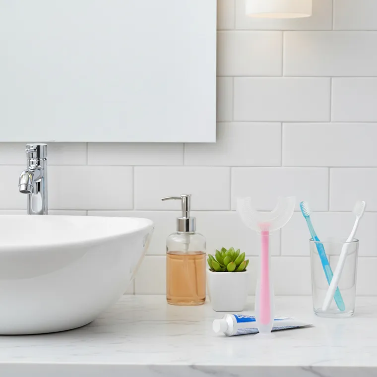 Bocioland, szczoteczka silikonowa w kształcie litery U do zębów, różowa