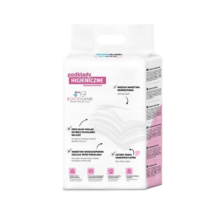 Bocioland, wielofunkcyjne podkłady higieniczne z przylepcem, jednorazowe, 90-60 cm, 10 szt.