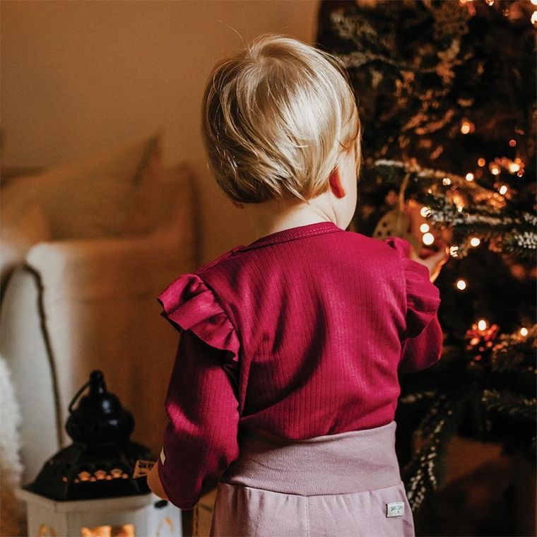 Body dziewczęce z długim rękawem, bordowe, falbanki, Eevi