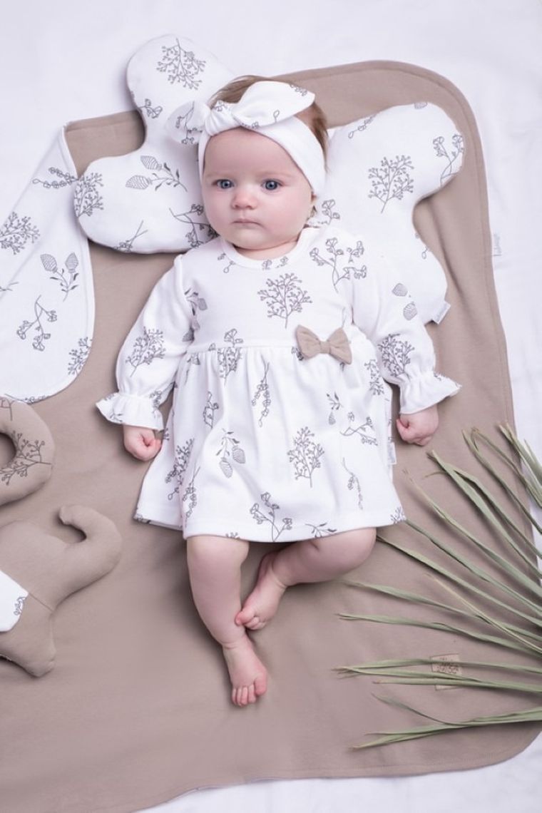 Body sukienka dziewczęce z długim rękawem, ecru, kokardka, Nicol