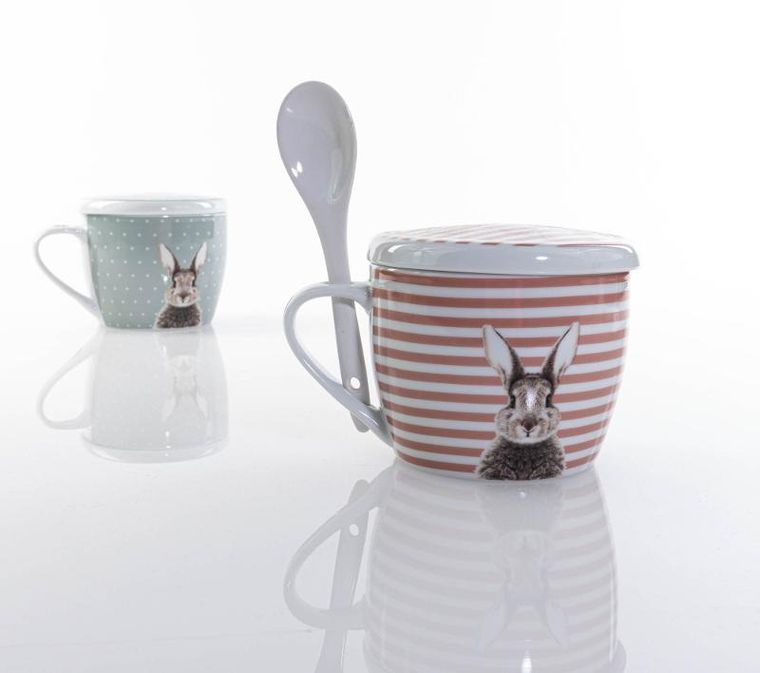 Boltze Home, kubek z pokrywką i z łyżeczką, Fluffy, porcelanowy, zajączek, 600 ml