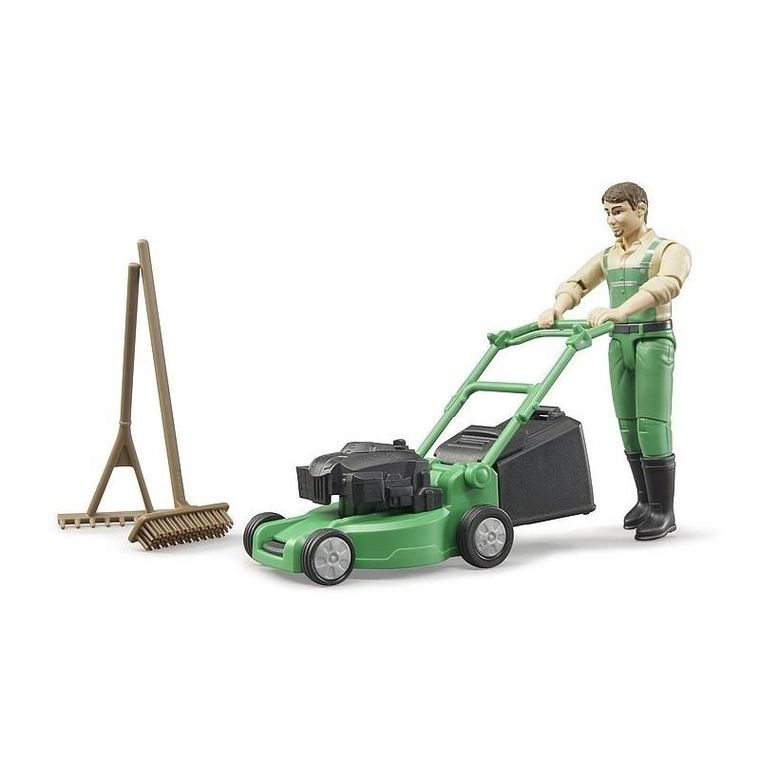 Bruder, figurka ogrodnika z kosiarką i akcesoriami