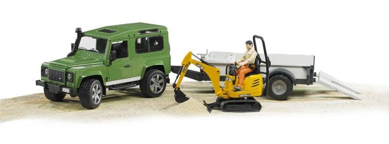 Bruder, Land Rover z przyczepą 1 osiową, mikrokoparką JCB i figurką pracownika budowlanego