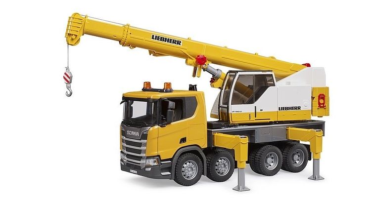 Bruder, Scania Super 560R Liebherr, Ciężarówka z dźwigiem, model pojazdu, światło i dźwięk