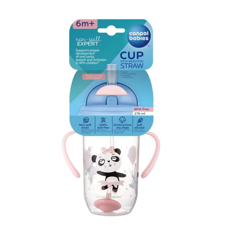 Canpol babies, Exotic Animals, kubek niekapek z rurką i odważnikiem, różowy, 270 ml
