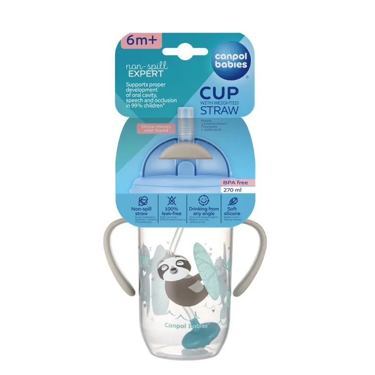 Canpol babies, Exotic Animals, kubek niekapek z rurką i odważnikiem, szary, 270 ml