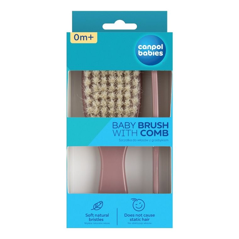Canpol babies, Gold, szczotka i grzebień z naturalnym włosiem, różowa