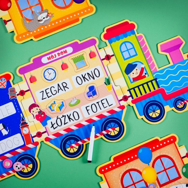 Carotina, Pociąg z grami edukacyjnymi, 8 gier z suchościeralnym pisakiem