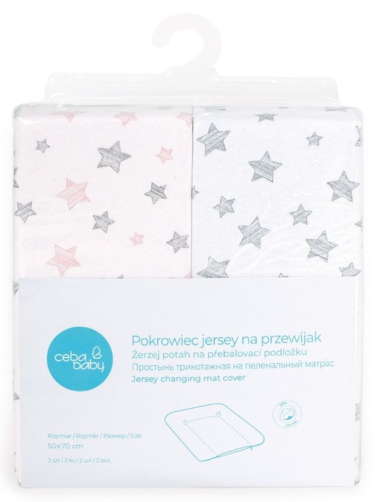 Ceba Baby, Grey Stars, pokrowiec na przewijak miękki, pink stars, 50-70 cm, 2 szt.