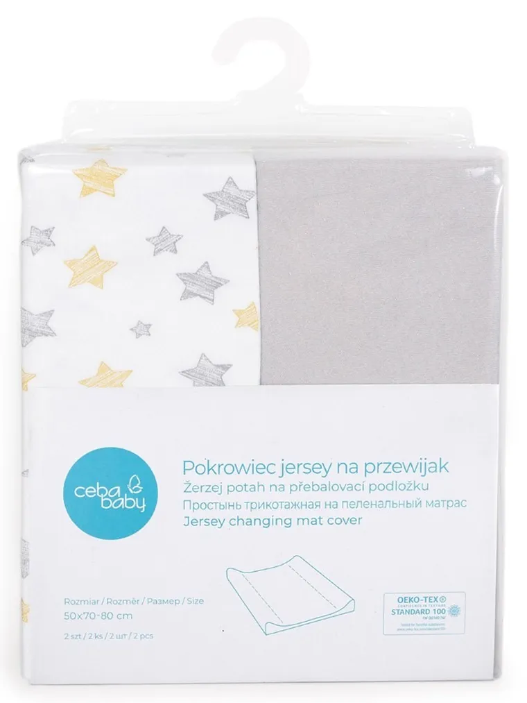 Ceba Baby, Yellow Stars, pokrowiec na przewijak, light grey, 50-70/80 cm, 2 szt.