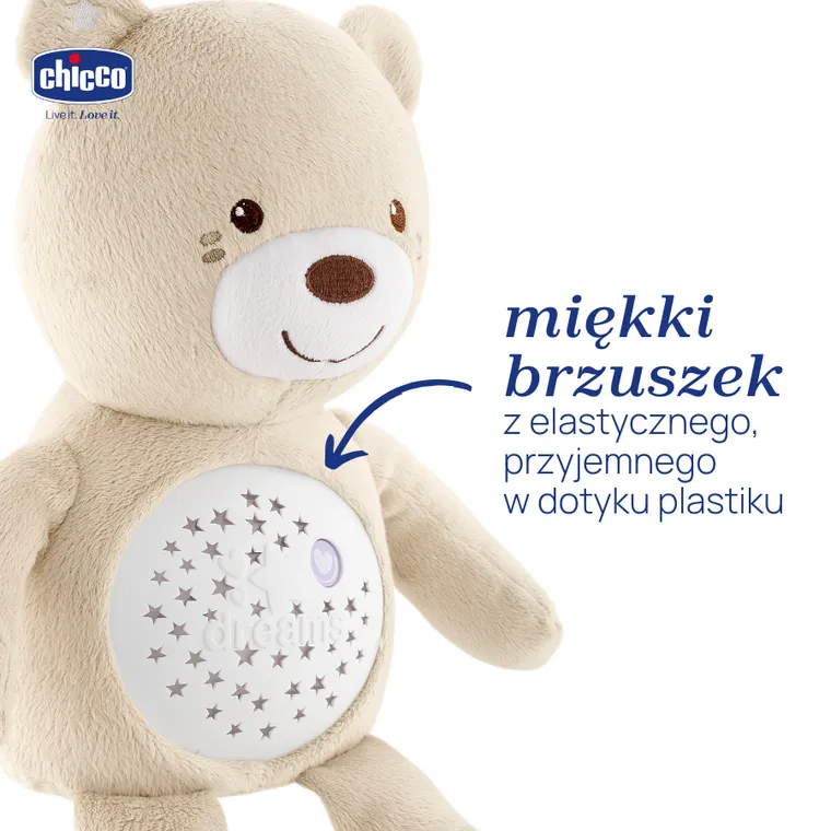 Chicco, First Dreams, Miś z Projektorem, maskotka, uspokajacz z dźwiękami, muzyka klasyczna, beżowy