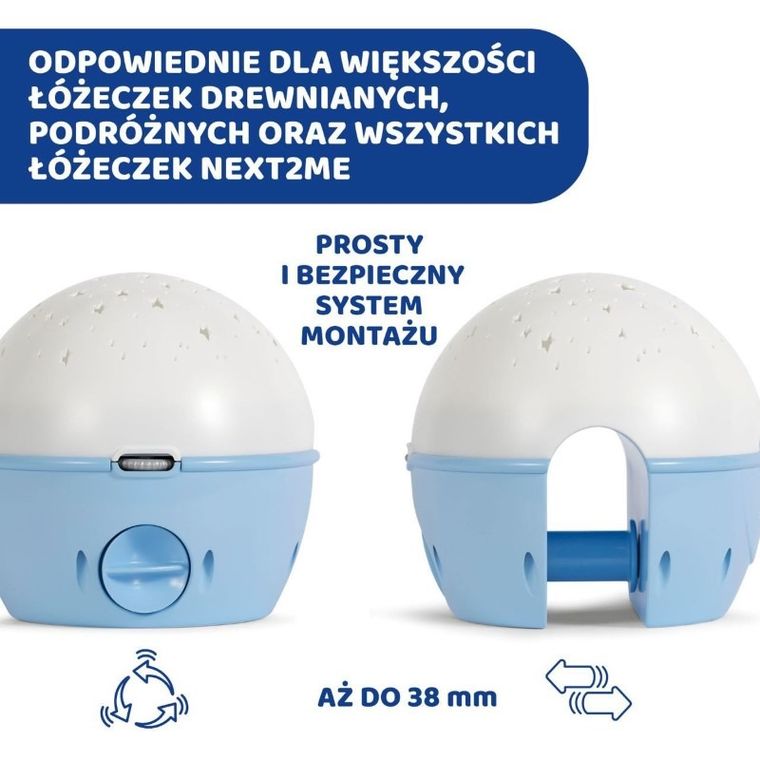Chicco, First Dreams, Next2stars, projektor na łóżeczko z muzyką klasyczną, uspokajacz, czujnik płaczu, niebieski