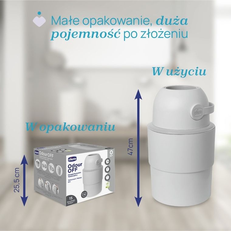 Chicco, kosz na pieluchy, teleskopowy, szary + worki