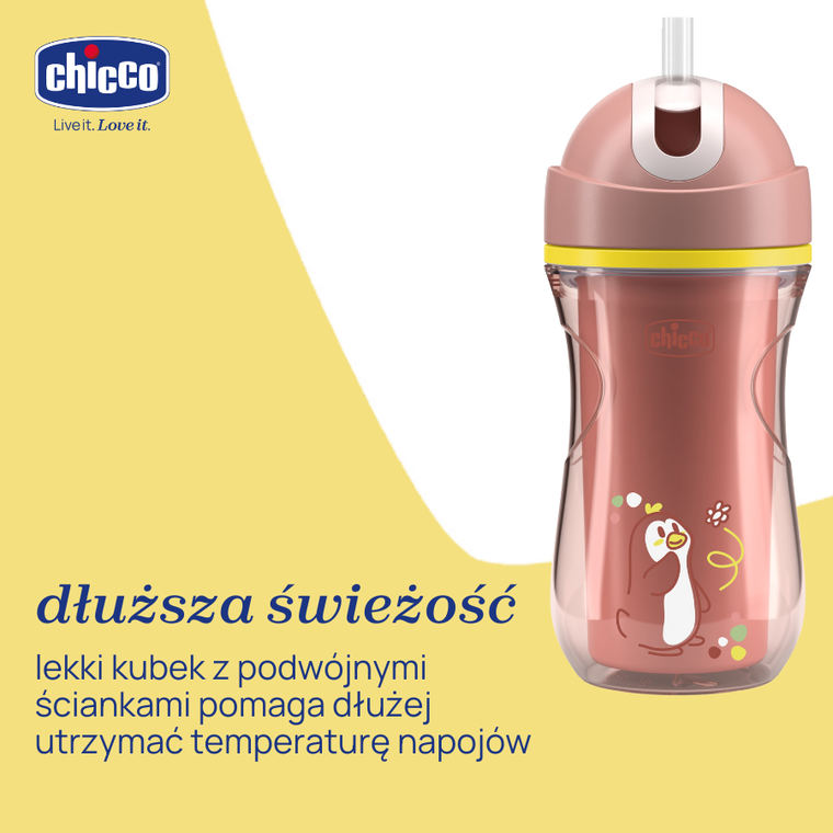 Chicco, kubek treningowy, niekapek, termiczny ze słomką, brzoskwiniowy,14m+, 266 ml