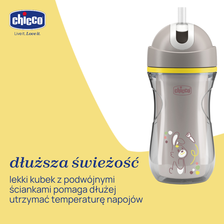 Chicco, kubek treningowy, niekapek, termiczny ze słomką, szary, 14m+, 266 ml