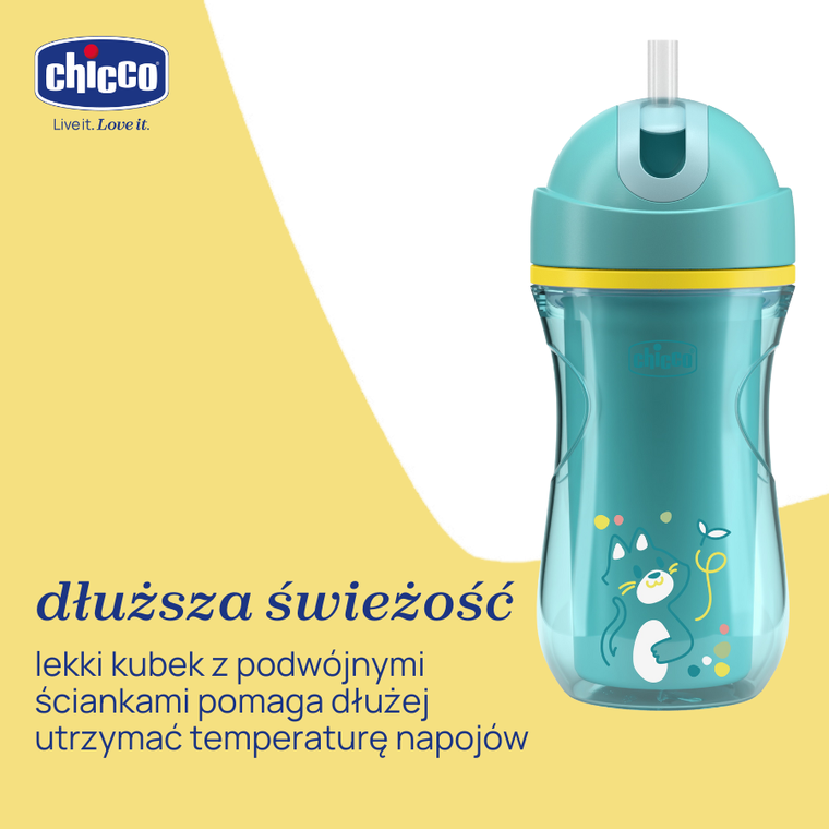 Chicco, kubek treningowy, niekapek, termiczny ze słomką, turkusowy, 14m+, 266 ml