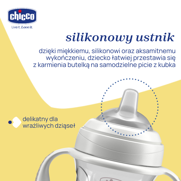 Chicco, kubek treningowy, niekapek z miękkim ustnikiem, szary, 4m+, 200 ml