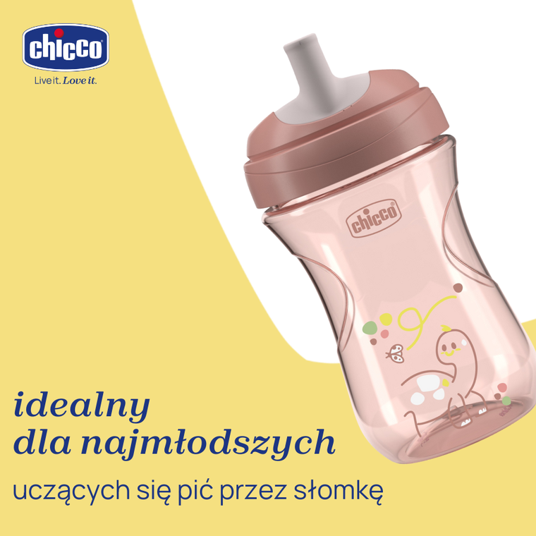 Chicco, kubek treningowy, niekapek z ustnikiem w kształcie słomki, brzoskwiniowy 12m+, 266 ml