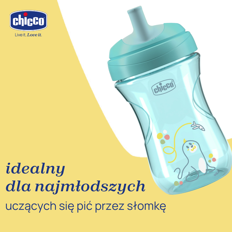Chicco, kubek treningowy, niekapek z ustnikiem w kształcie słomki, turkusowy 12m+, 266 ml