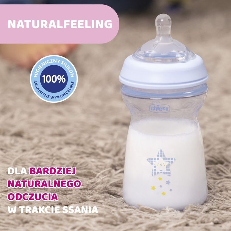 Chicco, NaturalFeeling, butelka plastikowa, przepływ średni, niebieska, 6m+, 330 ml