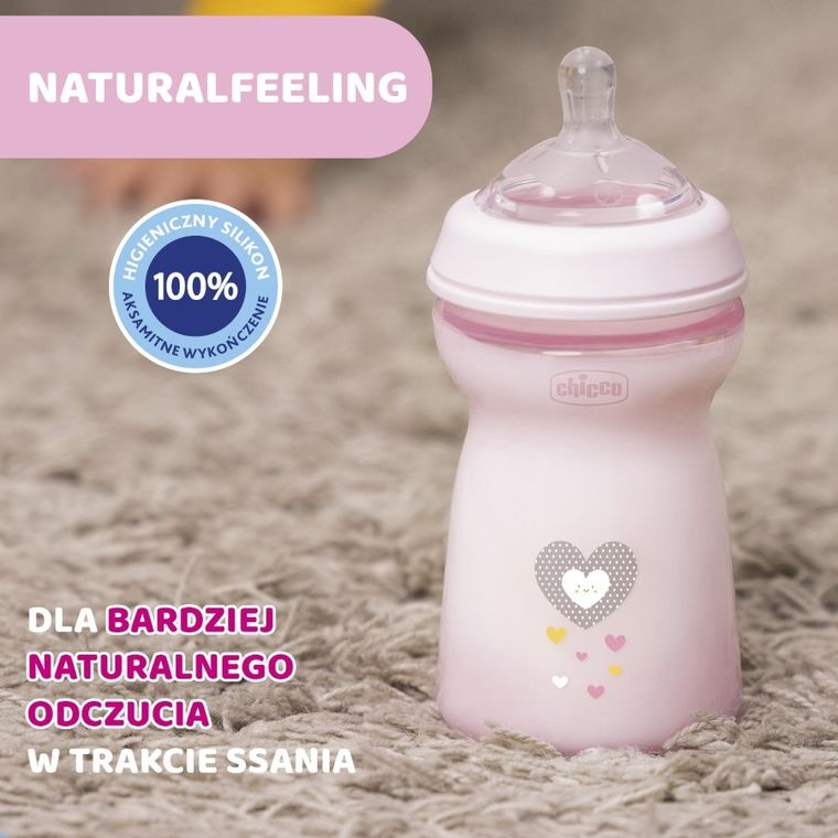 Chicco, NaturalFeeling, butelka plastikowa, przepływ średni, różowa, 6m+, 330 ml