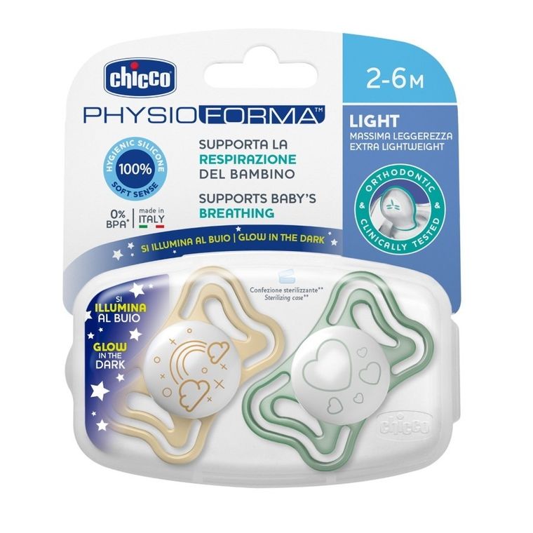Chicco, Physioforma Light, Lumi, smoczek uspokajający, silikonowy, 2-6 m, 2 szt.