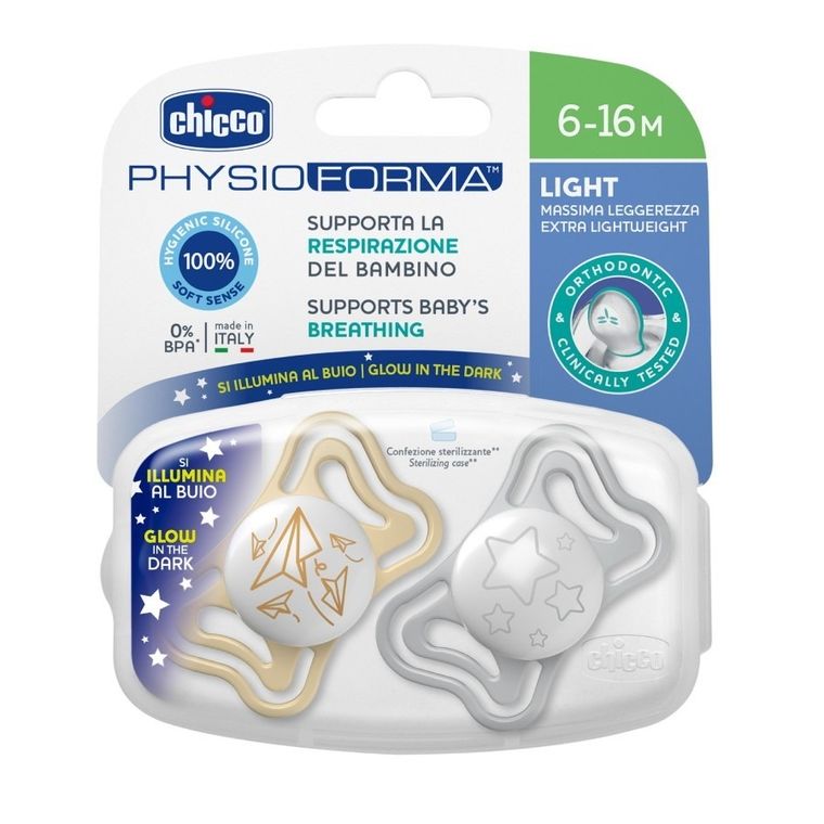 Chicco, Physioforma Light, Lumi, smoczek uspokajający, silikonowy, 6-16 m, 2 szt.
