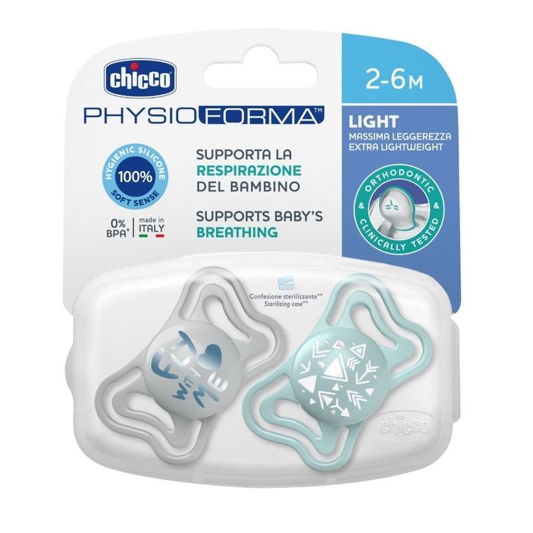 Chicco, Physioforma Light, smoczek uspokajający, silikonowy, niebieski, 2-6 m, 2 szt.