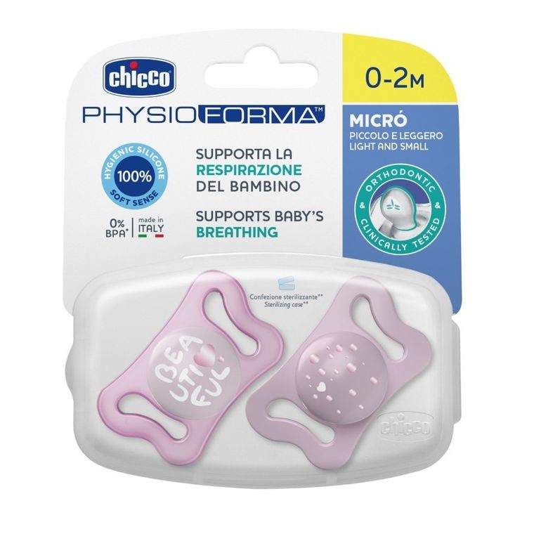 Chicco, Physioforma Micro, smoczek uspokajający, silikonowy, różowy, 0-2 m, 2 szt.