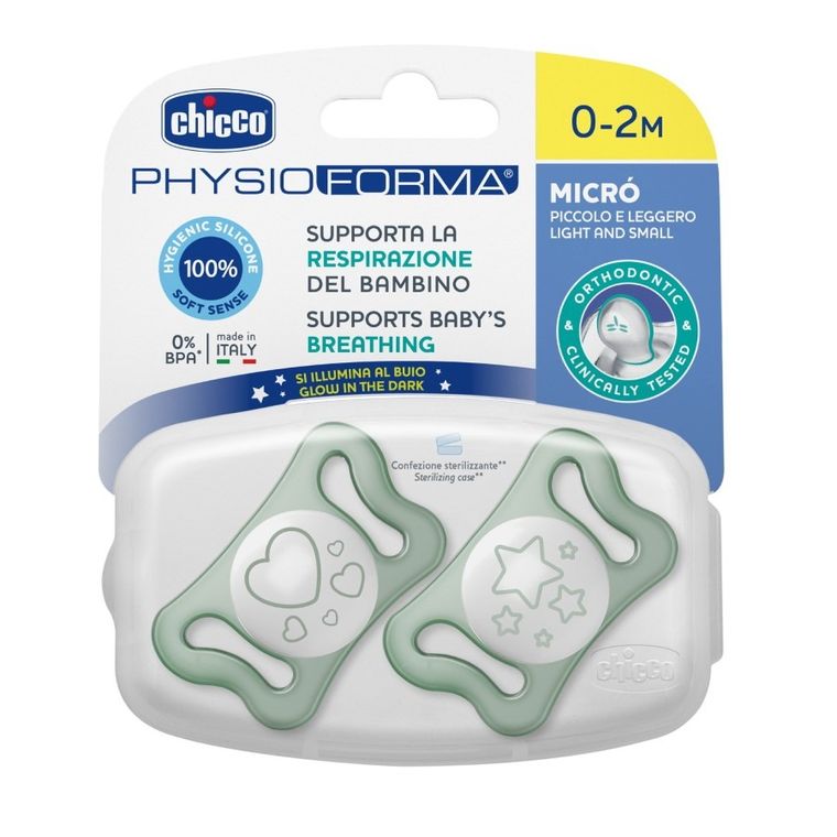 Chicco, Physioforma Micro, smoczek uspokajający, silikonowy, świecący, 0-2 m, 2 szt.
