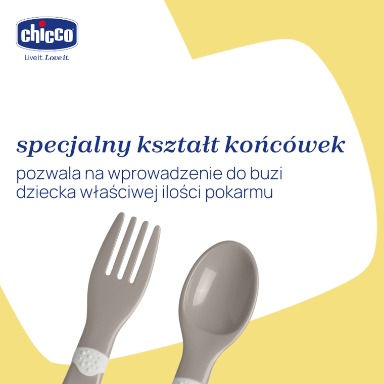 Chicco, pierwsze sztućce plastikowe, szare, 12m+