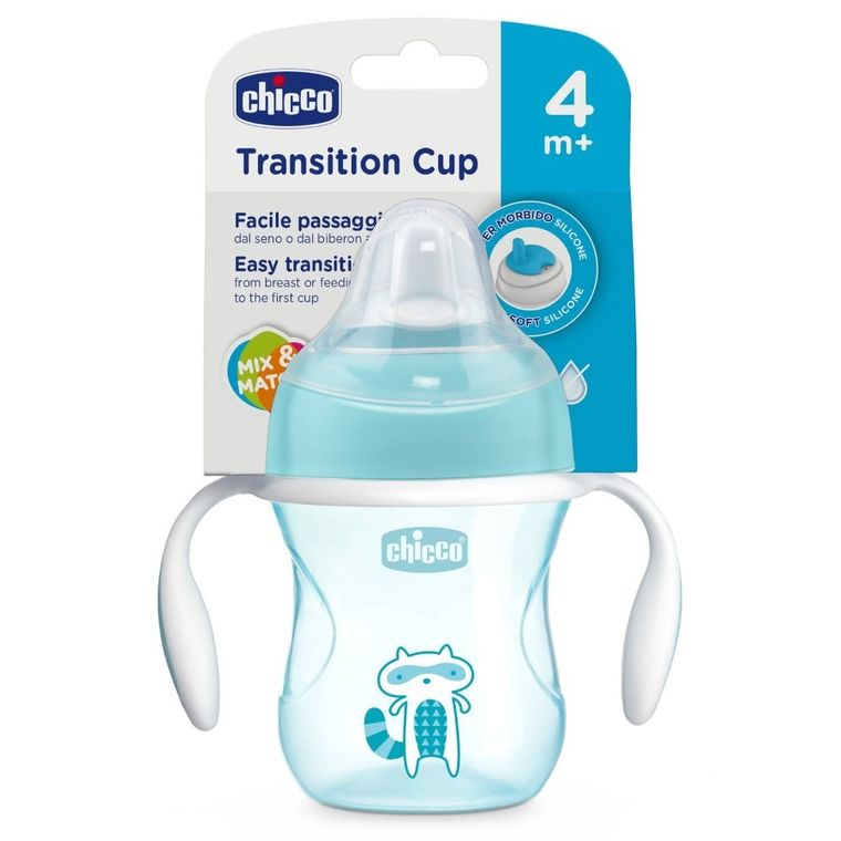 Chicco, pierwszy kubek treningowy z miękkim ustnikiem, niebieski, 4m+, 200 ml