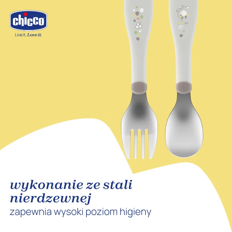 Chicco, sztućce metalowe, szare, 18m+