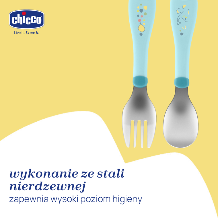 Chicco, sztućce metalowe, turkusowe, 18m+