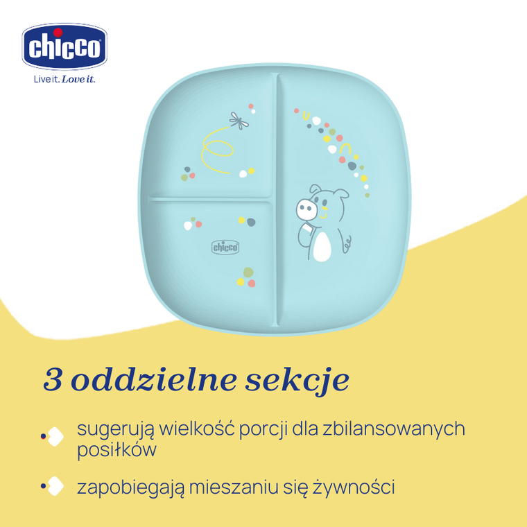Chicco, talerz 3-dzielny, niebieski, 12m+