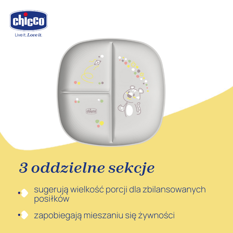 Chicco, talerz 3-dzielny, szary, 12m+