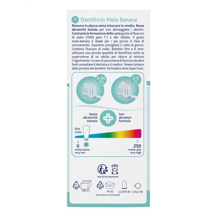 Chicco, zestaw podróżny: pasta z fluorem i szczoteczka do zębów + etui, Lila, 6-36 m