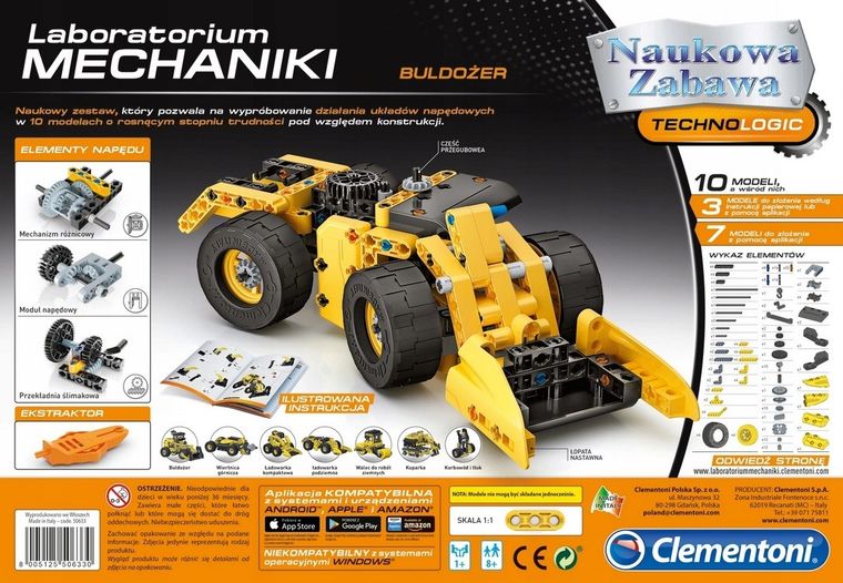 Clementoni, Naukowa Zabawa, Laboratorium mechaniki, Buldożer, 10 modeli, zestaw konstrukcyjny, 200 elementów