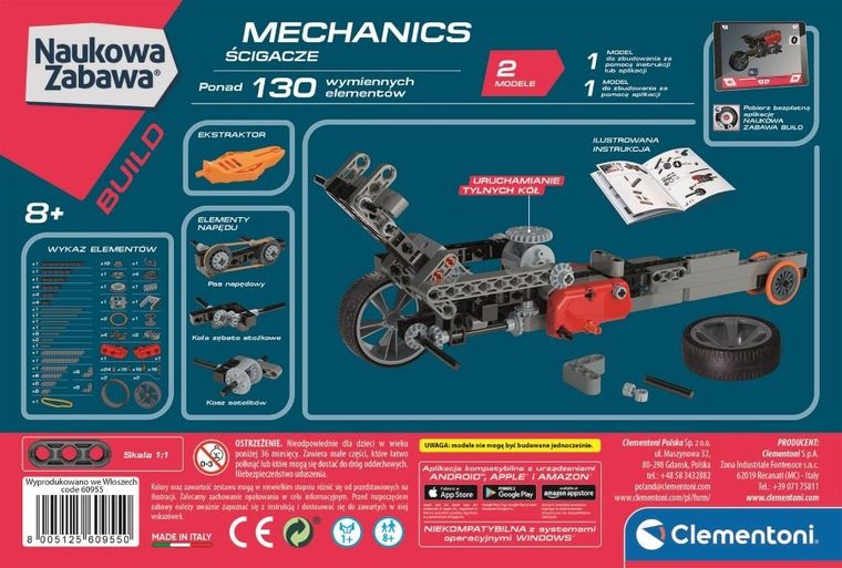 Clementoni, Naukowa Zabawa, Technologic, Laboratorium Mechaniki, Ścigacze, zestaw edukacyjny, 130 elementów