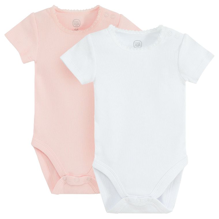 Cool Club, Body dziewczęce z krótkim rękawem, prążkowane, białe, różowe, zestaw, 2 szt.