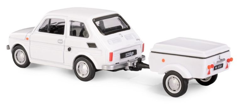 Daffi, Niewiadów, Fiat 126p z krótką przyczepką, pojazd, model metalowy, 1:43, biały