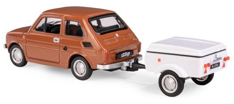 Daffi, Niewiadów, Fiat 126p z krótką przyczepką, pojazd, model metalowy, 1:43, brązowy