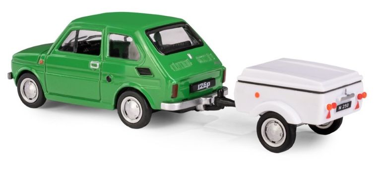 Daffi, Niewiadów, Fiat 126p z krótką przyczepką, pojazd, model metalowy, 1:43, zielony