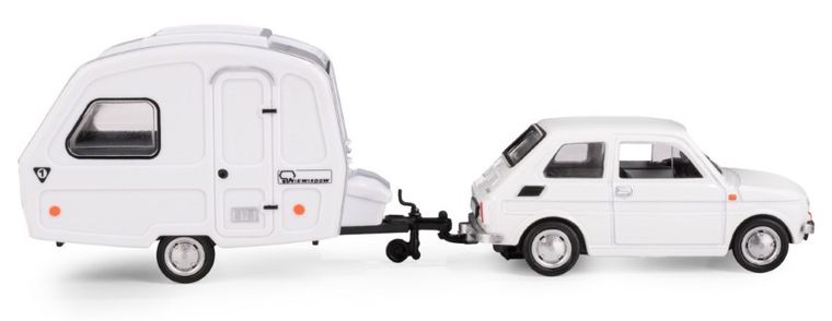 Daffi, Niewiadów, Fiat 126p z przyczepą kempingową, pojazd, model metalowy, 1:43, biały