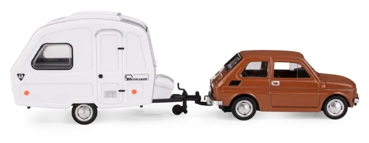 Daffi, Niewiadów, Fiat 126p z przyczepą kempingową, pojazd, model metalowy, 1:43, brązowy