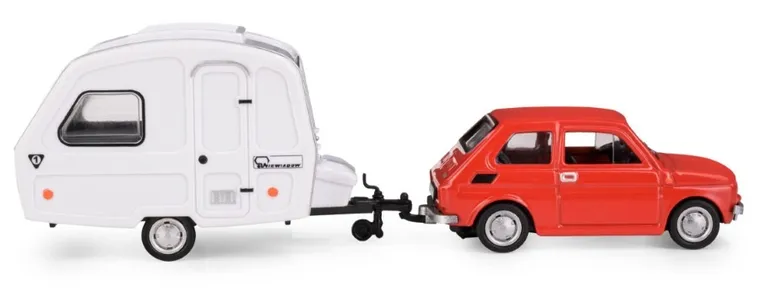 Daffi, Niewiadów, Fiat 126p z przyczepą kempingową, pojazd, model metalowy, czerwony, 1:43